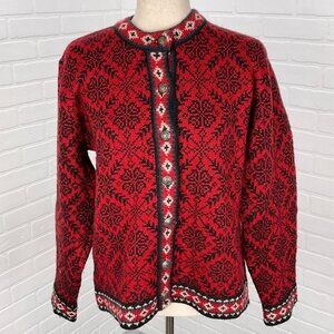 LL Bean Cardigan Women Small Regular Black Red Snowflake Merino‎ Wool Latvia